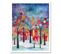Artery8 Wall Art Print Winter Abstract Village Folk Art Framed in White | Size: W12" x H16" Artery8 White W12" x H16"
