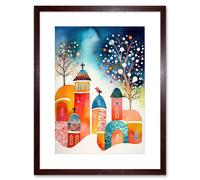 Artery8 Wall Art Print Winter Churchyard Snowfall Trees Folk Artwork Framed 9X7 Inch in Brown | Size: W7" x H9" Artery8 Brown W7" x H9"
