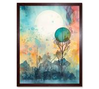 Artery8 Wall Art Print Winter Forest Landscape Dreamland Partial Sun Eclipse & Snowfall over Trees Modern Watercolour Art Framed | Size: W12" x H16" Artery8 Brown W12" x H16"