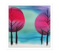 Artery8 Wall Art Print Winter Forest Tree Landscape Japan Inspired Modern Abstract Watercolour Painting Turquoise Pink Purple Square Framed Picture Artery8 White W16" x H16"