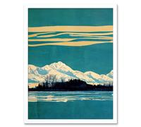 Artery8 Wall Art Print Winter Lakeside Landscape With Snowy Mountains Duotone Teal Art Framed in White | Size: W12" x H16" Artery8 White W12" x H16"
