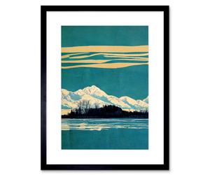 Artery8 Wall Art Print Winter Lakeside Landscape With Snowy Mountains Duotone Teal Artwork Framed 9X7 Inch