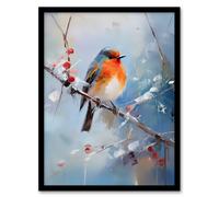 Artery8 Wall Art Print Winter Robin Bird on Tree Branch Oil Painting Framed Art Picture in Blue | Size: W12" x H16" Artery8 Blue W12" x H16"