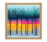 Artery8 Wall Art Print Winter Trees At Sunset Watercolour Forest Colourful Pastel Silhouette Painting Square Framed Picture 16X16 Inch Artery8 Light Oak W16" x H16"