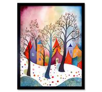 Artery8 Framed Wall Art Winter Whimsy Forest Village Folk - 12X16 Inch