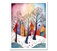 Artery8 Wall Art Print Winter Whimsy Forest Village Folk Art Framed in White | Size: W12" x H16" Artery8 White W12" x H16"