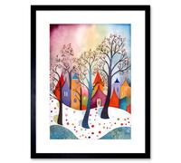Artery8 Wall Art Print Winter Whimsy Forest Village Folk Artwork Framed 9X7 Inch in Black | Size: W7" x H9" Artery8 Black W7" x H9"