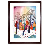 Artery8 Wall Art Print Winter Whimsy Forest Village Folk Artwork Framed 9X7 Inch in Brown | Size: W7" x H9" Artery8 Brown W7" x H9"