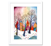 Artery8 Wall Art Print Winter Whimsy Forest Village Folk Artwork Framed 9X7 Inch in White | Size: W7" x H9" Artery8 White W7" x H9"