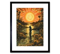Artery8 Wall Art Print Woman Bathing in Cr t Sunset Modern Linocut Artwork Framed 9X7 Inch in Black | Size: W7" x H9" Artery8 Black W7" x H9"