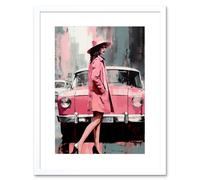 Artery8 Wall Art Print Woman & Classic Car Retro Pink Aesthetic Artwork Framed 9X7 Inch in White | Size: W7" x H9" Artery8 White W7" x H9"