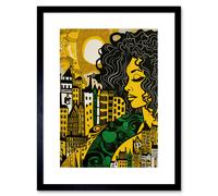 Artery8 Wall Art Print Woman & Edinburgh Cityscape Yellow Green Linocut Artwork Framed 9X7 Inch in Black | Size: W7" x H9" Artery8 Black W7" x H9"