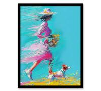 Artery8 Wall Art Print Woman & Pet Windy Walk Dog Lover Abstract Art Framed Poster in Black | Size: W12" x H16" Artery8 Black W12" x H16"