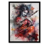 Wall Art Print Woman Playing Classical Indian Folk Music Watercolour Artwork Ragini Musician Portrait Art Framed Artery8 Grey A4