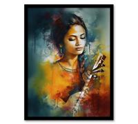 Wall Art Print Woman Playing Classical Indian Folk Music Watercolour Painting Ragini Musician Portrait Art Framed Artery8 Multi A4