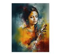 Artery8 Wall Art Print Woman Playing Classical Indian Folk Music Watercolour Painting Ragini Musician Portrait Poster | Size: W12" x H16" Artery8 Multicolor W12" x H16"