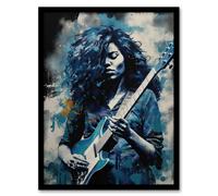 Artery8 Wall Art Print Woman Playing The Electric Guitar Acrylic Painting Female Blues Musician Splat Paint Portrait Music Art Framed | Size: A4 Artery8 Blue A4