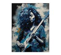 Artery8 Wall Art Print Woman Playing The Electric Guitar Acrylic Painting Female Blues Musician Splat Paint Portrait Music Poster | Size: W12" x H16" Artery8 Blue W12" x H16"