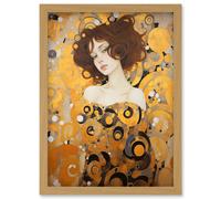Artery8 Woman Portrait Gustav Klimt Style Oil Painting Gold Brown Artist Muse Art Nouveau Artwork Framed Wall Art Print A4