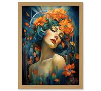 Wall Art Print Woman Portrait with Flowers Modern Art Deco Vibrant Artwork Orange Blue Floral Headband Artwork Framed A4 Artery8 Light Oak A4