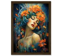 Wall Art Print Woman Portrait with Flowers Modern Art Deco Vibrant Artwork Orange Blue Floral Headband Artwork Framed A4 Artery8 Brown A4