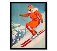 Wall Art Print Woman Skier Skiing Mountain Slope Snow Alps Art Framed Poster Artery8 Black A4