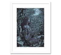 Artery8 Wall Art Print Woman Waiting in a Moonlit Forest Artwork Framed 9X7 Inch in White | Size: W7" x H9" Artery8 White W7" x H9"