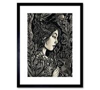 Artery8 Wall Art Print Woman With Crow In A Field Black And White Linocut Artwork Framed 9X7 Inch