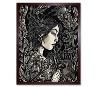 Artery8 Wall Art Print Woman with Crow in a Field Black & White Linocut Art Framed in Brown | Size: W12" x H16" Artery8 Brown W12" x H16"