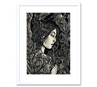 Artery8 Wall Art Print Woman with Crow in a Field Black & White Linocut Artwork Framed 9X7 Inch | Size: W7" x H9" Artery8 White W7" x H9"