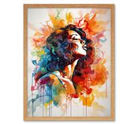 Artery8 Wall Art Print Woman with Synesthesia Listening to Rainbow Colour Music Modern Watercolour Painting Art Framed | Size: W12" x H16" Artery8 Light Oak W12" x H16"