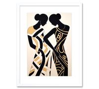 Artery8 Wall Art Print Women Dancing Abstract Pattern Dress Beige Black Silhouettes Body Line Artwork Framed 9X7 Inch in White | Size: W7" x H9" Artery8 White W7" x H9"