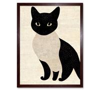 Artery8 Wall Art Print Woodblock Cute Black & White Cat Japanese Ukiyo-e Art Framed in Brown | Size: W12" x H16" Artery8 Brown W12" x H16"