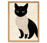 Artery8 Wall Art Print Woodblock Cute Black & White Cat Japanese Ukiyo-e Art Framed in Light Oak | Size: W12" x H16" Artery8 Light Oak W12" x H16"