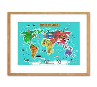 Artery8 Wall Art Print World Map with Landmarks & Animals Art Framed 9x7 inch in Beige | Size: W7" x H9" Artery8 Beige W7" x H9"