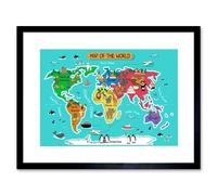 Artery8 Wall Art Print World Map With Landmarks And Animals Art Framed 9X7 Inch