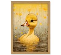 Artery8 Wall Art Print Yellow Duckling Kids Bedroom Baby Nursery Calm Elegant Artwork Framed A4 in Light Oak Artery8 Light Oak A4
