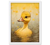 Artery8 Wall Art Print Yellow Duckling Kids Bedroom Baby Nursery Calm Elegant Artwork Framed A4 in White Artery8 White A4