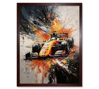 Artery8 Wall Art Print Yellow Race Car Racing Scene Modern Spatter Art Framed in Brown | Size: W12" x H16" Artery8 Brown W12" x H16"