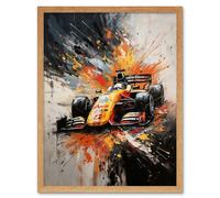 Artery8 Wall Art Print Yellow Race Car Racing Scene Modern Spatter Art Framed in Light Oak | Size: W12" x H16" Artery8 Light Oak W12" x H16"