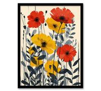Artery8 Yellow and Red Wildflowers Blooming Modern For Living Room Artwork Framed Wall Art Print A4
