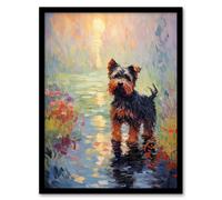 Artery8 Wall Art Print Yorkshire Terrier Claude Monet Style Dog Oil Painting Sunrise Walk By Lake Art Framed in Black | Size: W12" x H16" Artery8 Black W12" x H16"