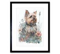 Artery8 Wall Art Print Yorkshire Terrier Dog In Wildflowers Bright Watercolour Artwork Framed 9X7 Inch