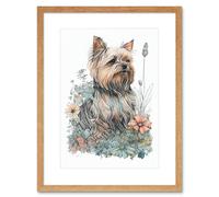 Artery8 Wall Art Print Yorkshire Terrier Dog in Wildflowers Bright Watercolour Artwork Framed 9X7 Inch in Beige | Size: W7" x H9" Artery8 Beige W7" x H9"