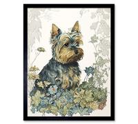 Artery8 Wall Art Print Yorkshire Terrier Dog in Wildflowers Watercolour Art Framed in Black | Size: W12" x H16" Artery8 Black W12" x H16"