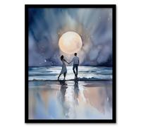 Wall Art Print You Me And The Full Moon Watercolour Painting Orange Blue Couple Dancing Under A Full Moon In A Serene Coastal Landscape Romantic Bedro Artery8 Blue A4