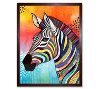 Artery8 Wall Art Print Zebra Folk Art Bright Multicoloured Art Framed in Brown | Size: W12" x H16" Artery8 Brown W12" x H16"