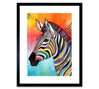 Artery8 Wall Art Print Zebra Folk Art Bright Multicoloured Artwork Framed 9X7 Inch in Black | Size: W7" x H9" Artery8 Black W7" x H9"