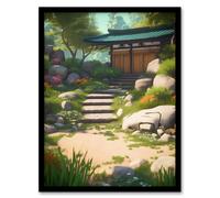 Artery8 Zen Garden Bright Painting Stone Steps Bathed in Sunlight Leading to Tea House Serene Spring Bloom Yard Artwork Framed Wall Art Print A4