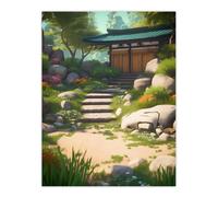 Artery8 Wall Art Print Zen Garden Bright Painting Stone Steps Bathed in Sunlight Leading to Tea House Serene Spring Bloom Yard Poster Artery8 Green W24" x H32"